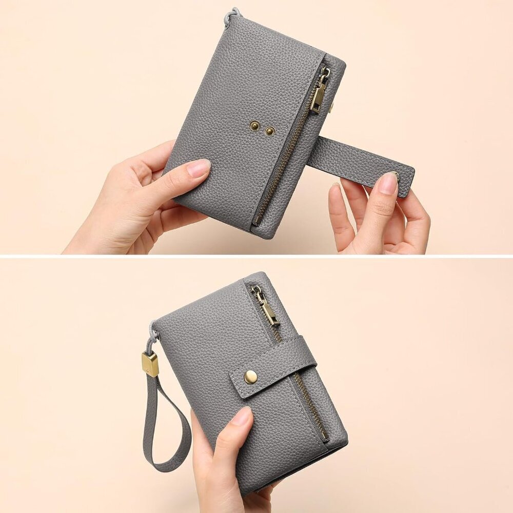 Leather RFID Blocking Wallet Women Small Bifold Coin Purse with Wristlet - Picture 7 of 8